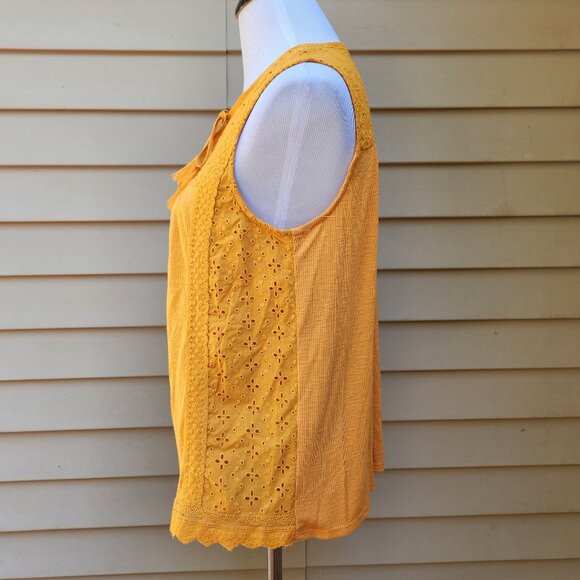 Knox Rose Mustard Yellow Mixed Media Blouse Eyelet Ribbed Tie-Neck Tassel - Picture 8 of 13